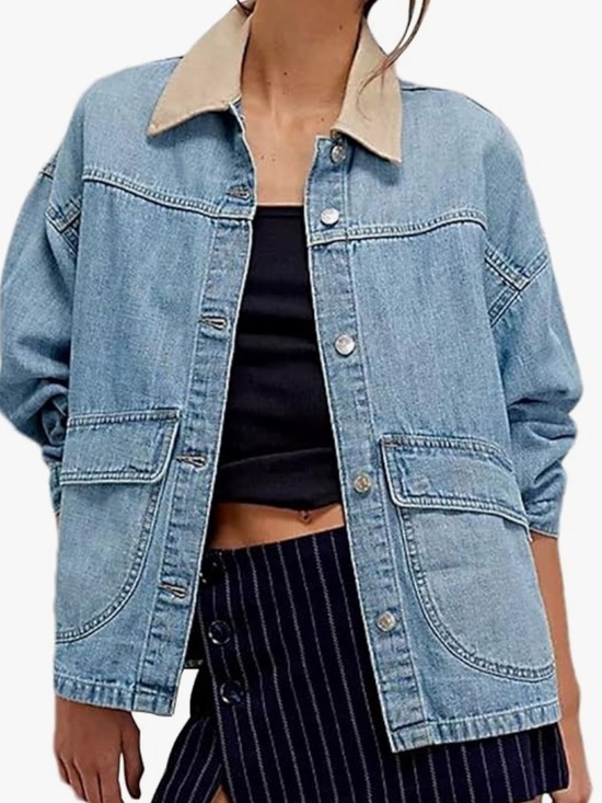 Jackets & Blazers - Light Blue Denim Jacket with Contrast Tan Collar